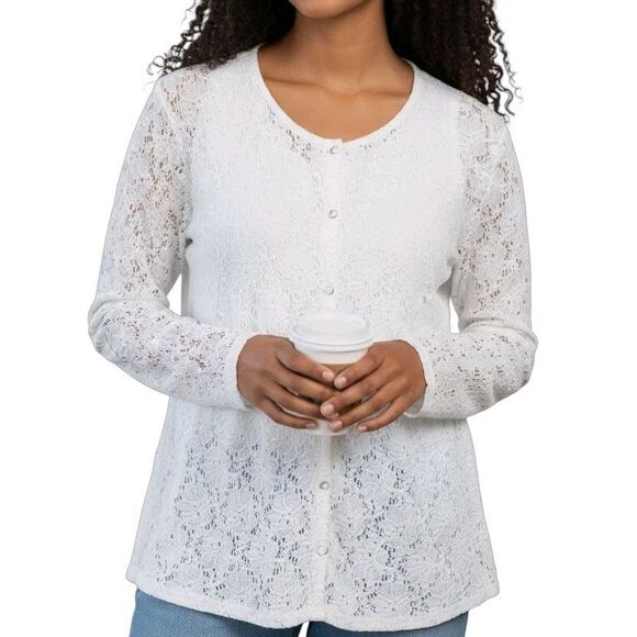 Modern Soul White Cardigan Button Front Crochet Knit Long Sleeve Womens Size XL - Picture 2 of 5